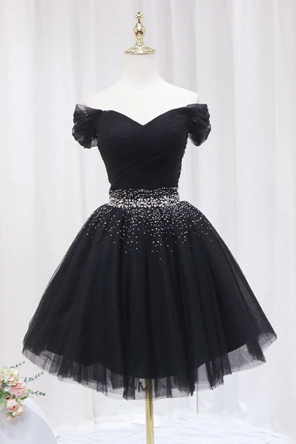 Black Tulle Beaded Short Prom Dress Off Shoulder Evening Party Dress