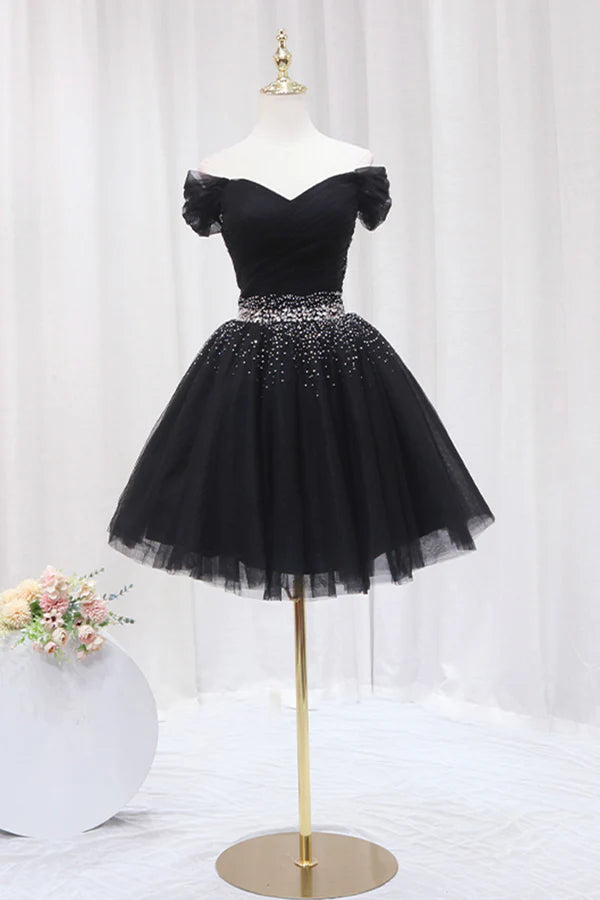 Black Tulle Beaded Short Prom Dress Off Shoulder Evening Party Dress