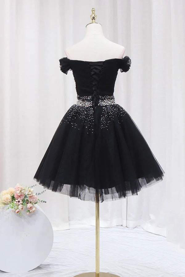 Black Tulle Beaded Short Prom Dress Off Shoulder Evening Party Dress