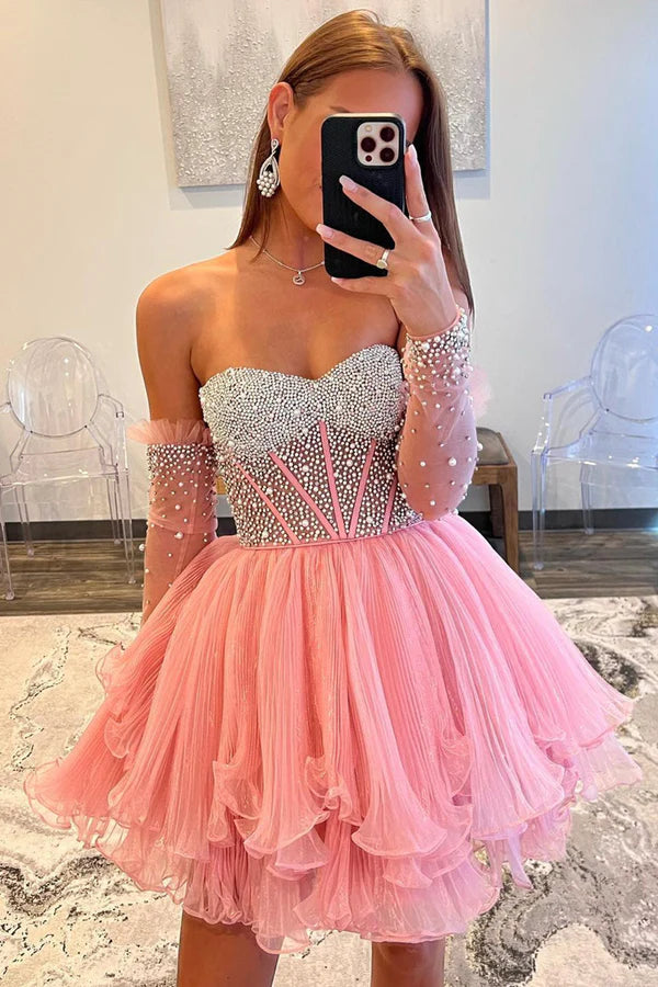 A-Line Sweetheart Beads Pink Long Sleeves Party Dress Cute Homecoming Dress