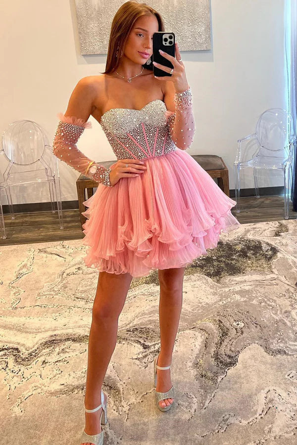 A-Line Sweetheart Beads Pink Long Sleeves Party Dress Cute Homecoming Dress