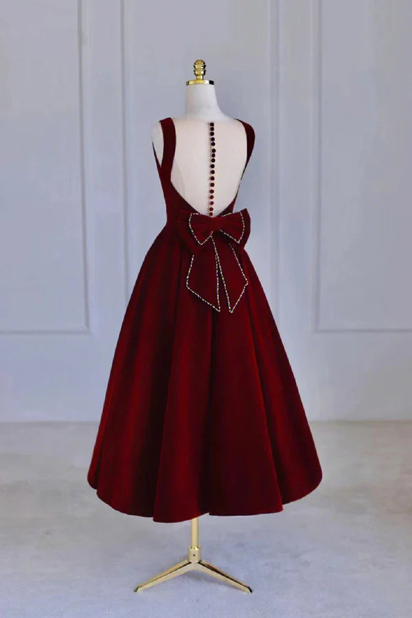 Burgundy Velvet Tea Length Prom Dress A-Line Party Dress with Bow