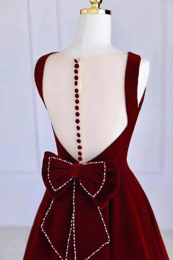 Burgundy Velvet Tea Length Prom Dress A-Line Party Dress with Bow