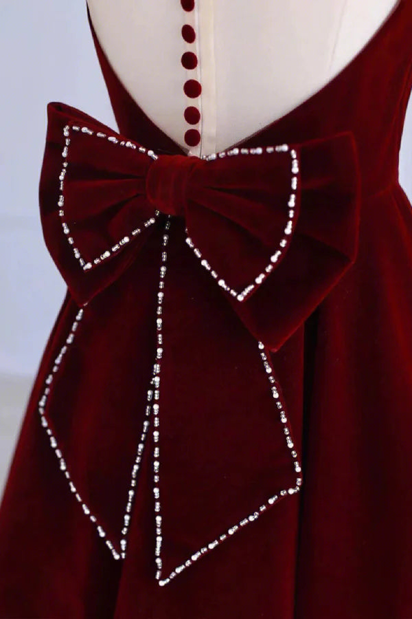 Burgundy Velvet Tea Length Prom Dress A-Line Party Dress with Bow