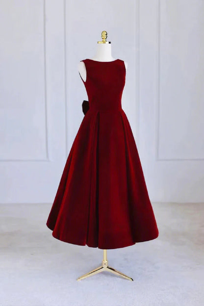 Burgundy Velvet Tea Length Prom Dress A-Line Party Dress with Bow