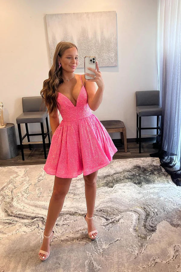 Pink V-Neck Sequins Short Prom Dress Cute A-Line Homecoming Dress