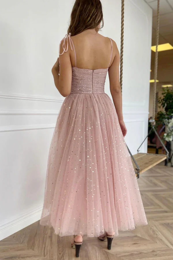 Spaghetti Straps Tulle Short Prom Dress Pink A-Line Evening Party Dress