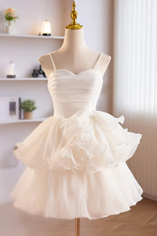 White Spaghetti Strap Tulle Short Prom Dress White A-Line Homecoming Dress