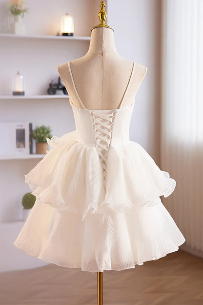 White Spaghetti Strap Tulle Short Prom Dress White A-Line Homecoming Dress