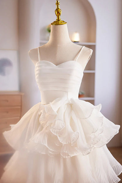 White Spaghetti Strap Tulle Short Prom Dress White A-Line Homecoming Dress