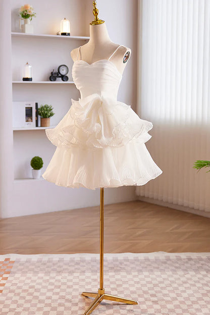 White Spaghetti Strap Tulle Short Prom Dress White A-Line Homecoming Dress