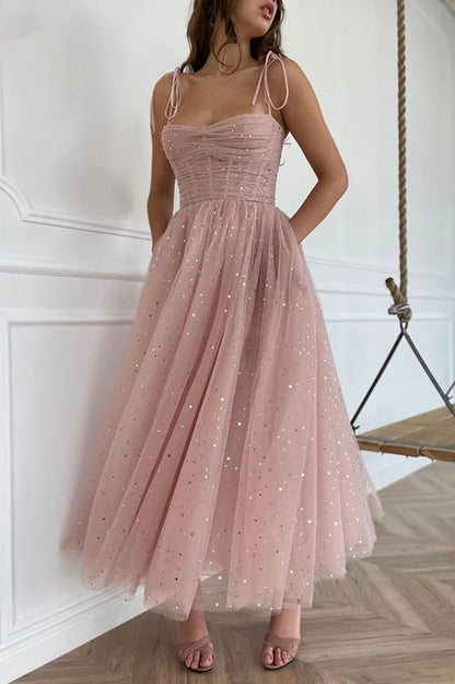 Spaghetti Straps Tulle Short Prom Dress Pink A-Line Evening Party Dress