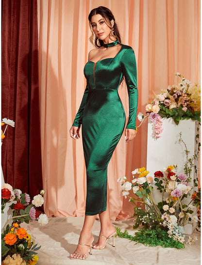 Mermaid / Trumpet Party Dresses Sexy Dress Wedding Party Semi Formal Tea Length Long Sleeve One Shoulder Stretch Satin with Ruched Slit