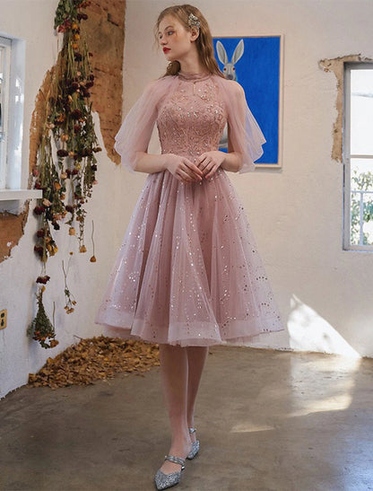 A-Line Cocktail Dresses Party Dress Graduation Engagement Knee Length 3/4 Length Sleeve Jewel Neck Tulle with Sequin Appliques