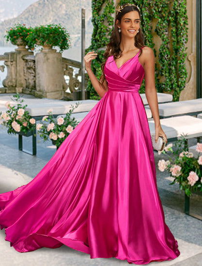 A-Line Bridesmaid Dress V Neck / Spaghetti Strap Sleeveless Sexy Sweep / Brush Train Charmeuse with Pleats