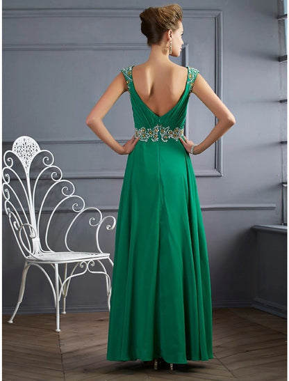 A-Line Evening Gown Sparkle & Shine Dress Formal Prom Floor Length Sleeveless V Neck Chiffon with Rhinestone Ruched