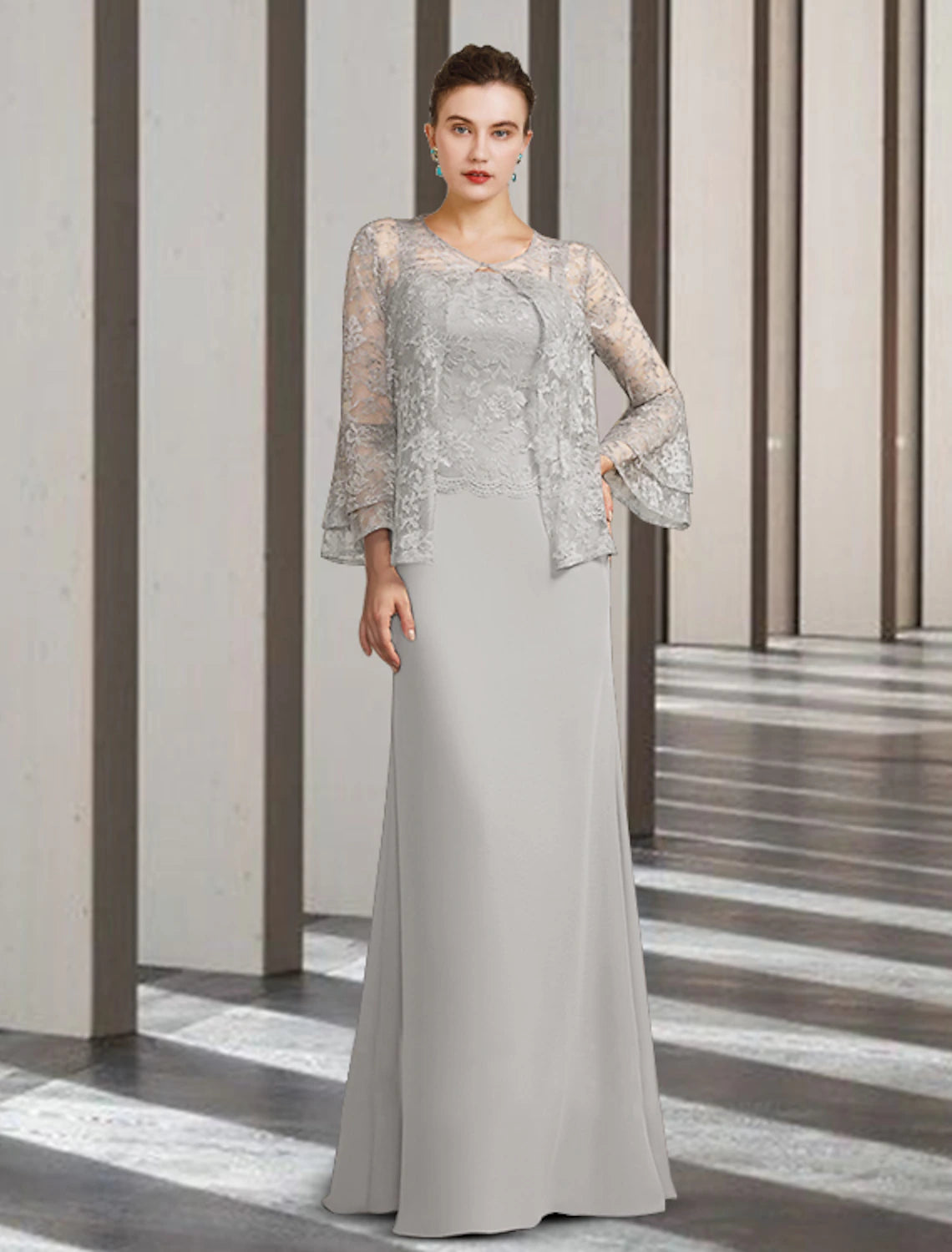 Two Piece Sheath / Column Mother of the Bride Dress Elegant Scoop Neck Floor Length Chiffon Lace Sleeveless with Appliques