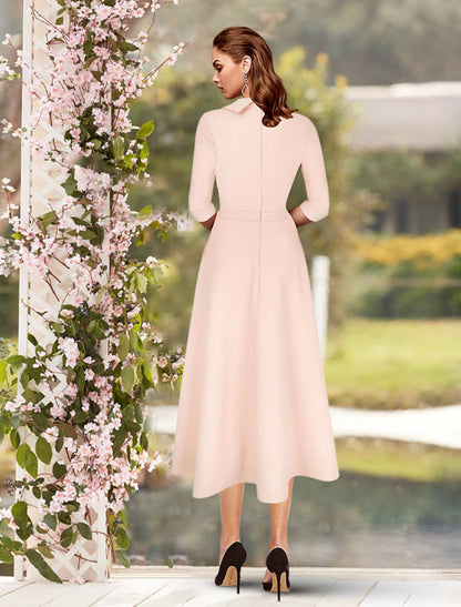 Sheath / Column Mother of the Bride Dress Minimalist Sweet Scoop Neck Tea Length Satin 3/4 Length Sleeve with Pleats Solid