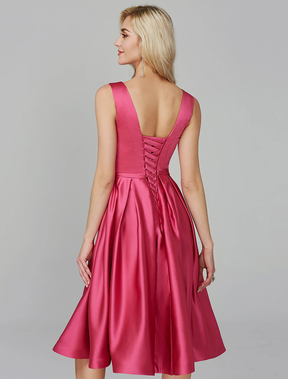 A-Line Party Dress Wedding Guest Cocktail Party Knee Length Sleeveless V Wire Pink Dress Satin with Sash / Ribbon