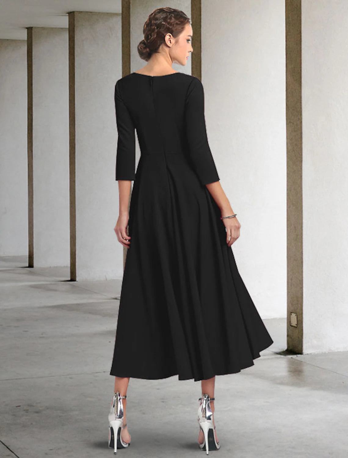 A-Line Mother of the Bride Dress Elegant V Neck Tea Length Chiffon 3/4 Length Sleeve with Pleats