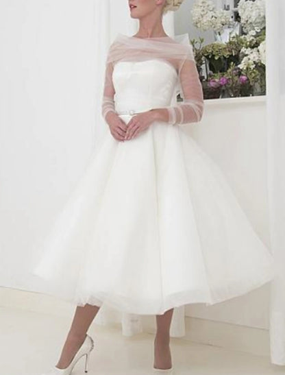 Reception Vintage 1940s / 1950s Little White Dresses Wedding Dresses A-Line Off Shoulder Long Sleeve Tea Length Tulle Bridal Gowns With Pleats