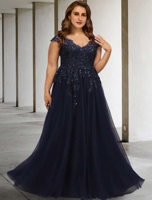 A-Line Mother of the Bride Dresses Plus Size Hide Belly Curve Vintage Dress Formal Floor Length Short Sleeve V Neck Tulle with Sequin Appliques