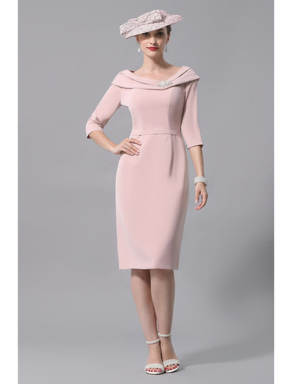 Sheath / Column Mother of the Bride Dress Vintage Plus Size Elegant Scoop Neck Knee Length Jersey 3/4 Length Sleeve with Beading Crystal Brooch