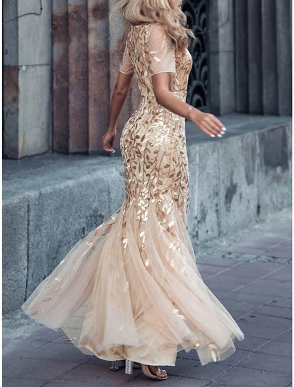 Mermaid / Trumpet Mother of the Bride Dress Wedding Guest Elegant Sparkle & Shine Jewel Neck Floor Length Sequined Short Sleeve with Pleats Sequin