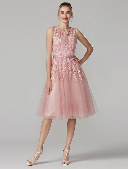 A-Line Cute Dress Cocktail Party Prom Knee Length Sleeveless Illusion Neck Tulle Over Lace with Beading Appliques