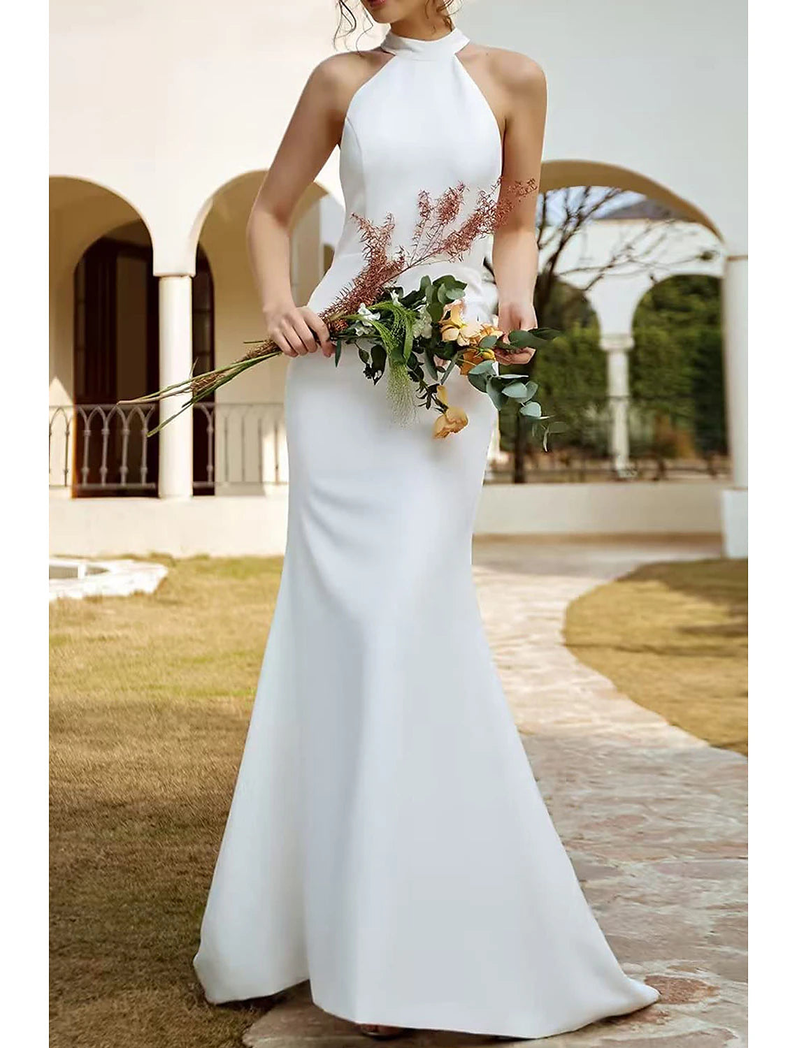 Beach Boho Wedding Dresses Sweep Train Mermaid Halter Sleeveless Stretch Fabric