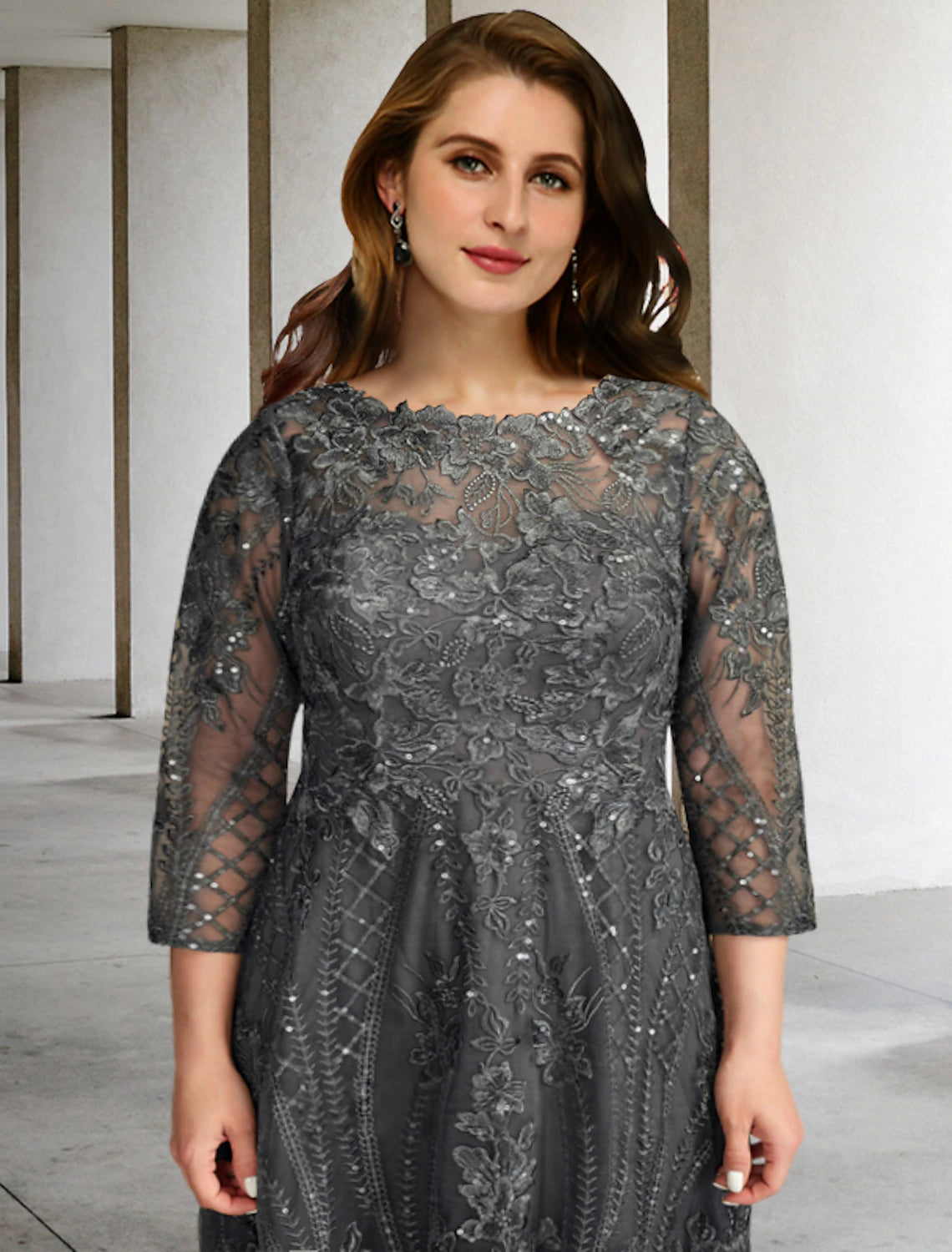 A-Line Mother of the Bride Dresses Plus Size Hide Belly Curve Elegant Dress Formal Sweep / Brush Train Long Sleeve Jewel Neck Chiffon with Appliques