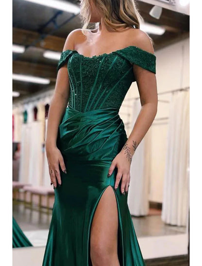 Mermaid / Trumpet Evening Gown Empire Dress Formal Prom Court Train Sleeveless Off Shoulder Imitation Silk with Slit Appliques