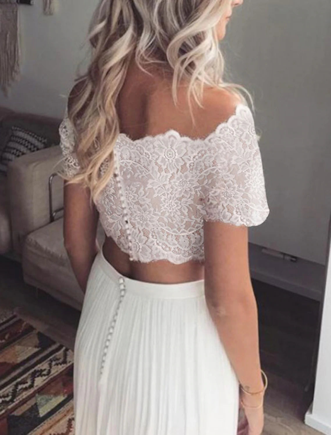 Beach Boho Wedding Dresses Two Piece Off Shoulder Short Sleeve Floor Length Chiffon Bridal Gowns With Pleats