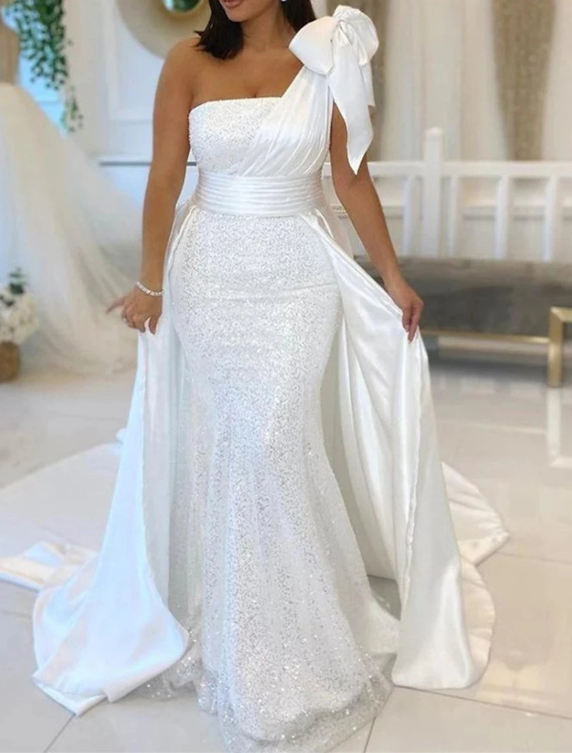 Hall Wedding Dresses Mermaid / Trumpet One Shoulder Sleeveless Chapel Train Sequined Bridal Gowns With Bow(s) Sequin