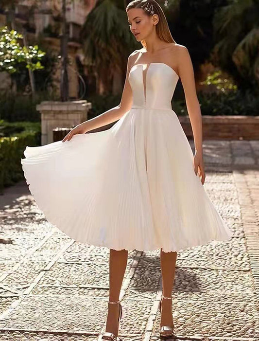 Reception Little White Dresses Wedding Dresses A-Line Sweetheart Strapless Tea Length Satin Bridal Gowns With Sash / Ribbon Solid