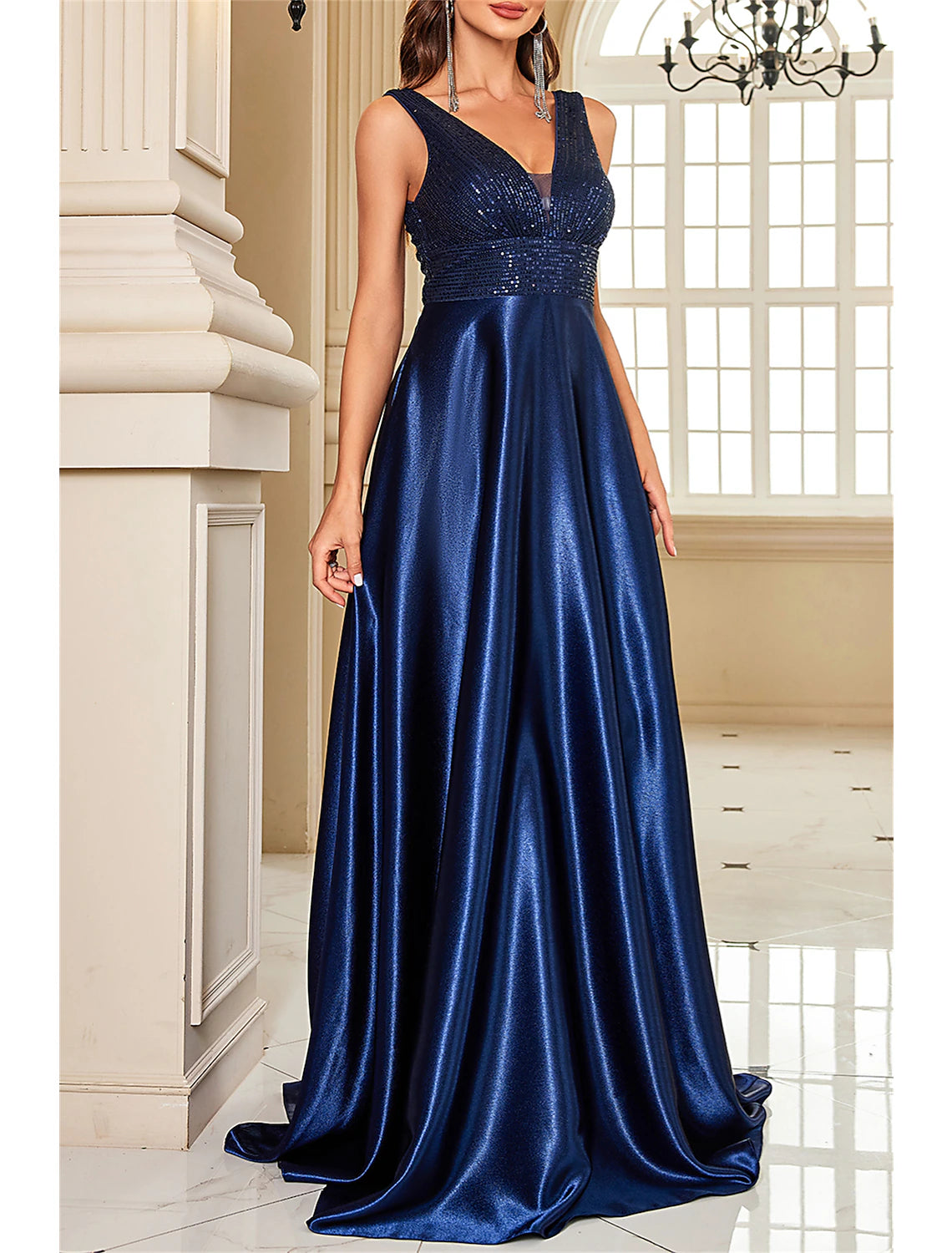 A-Line Mother of the Bride Dress Wedding Guest Elegant Party Sparkle & Shine V Neck Floor Length Satin Sequined Sleeveless with Sequin Color Block