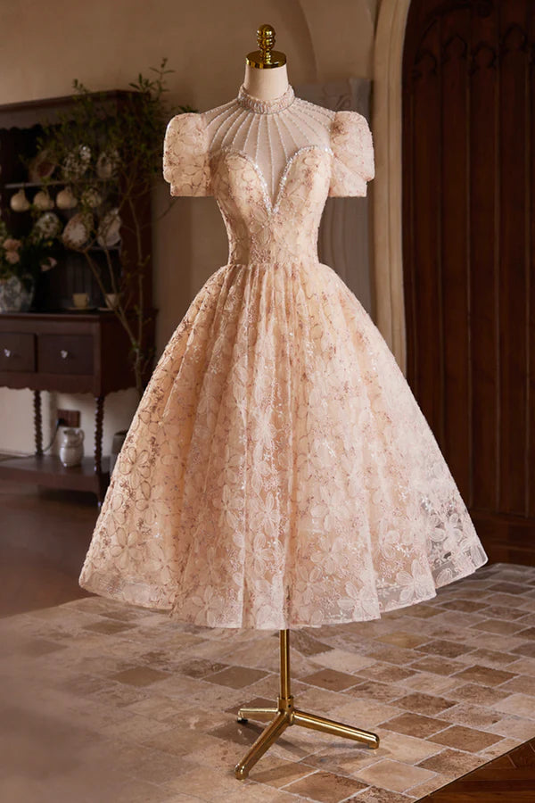 Beautiful Tulle Flower Tea Length Prom Dress Off the Shoulder Short Sleeve Evening Party Dress