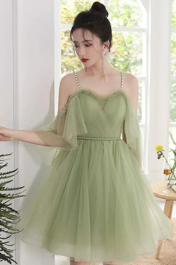 Green Spaghetti Strap Tulle Short Prom Dress Green A-Line Homecoming Dress