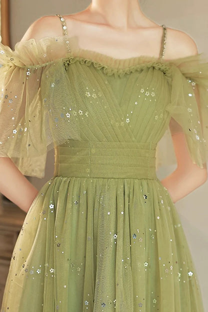 Green Spaghetti Strap Tulle Short Prom Dress Charming Knee Length A-Line Party Dress