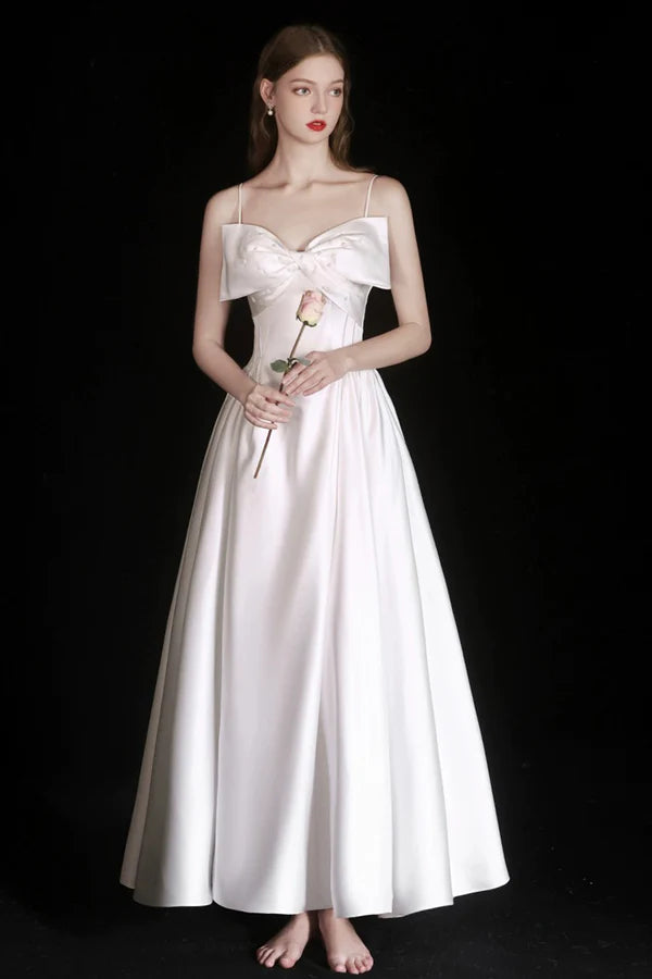 Cute Satin Tea Length Prom Dress White Spaghetti Strap A-Line Evening Party Dress