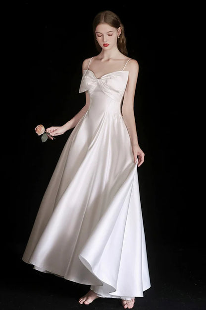 Cute Satin Tea Length Prom Dress White Spaghetti Strap A-Line Evening Party Dress