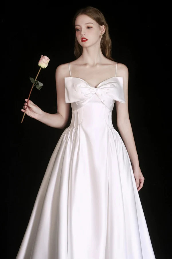 Cute Satin Tea Length Prom Dress White Spaghetti Strap A-Line Evening Party Dress