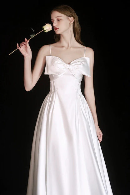 Cute Satin Tea Length Prom Dress White Spaghetti Strap A-Line Evening Party Dress