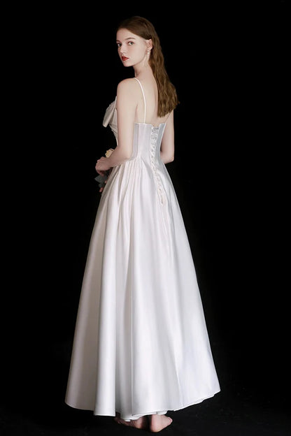 Cute Satin Tea Length Prom Dress White Spaghetti Strap A-Line Evening Party Dress