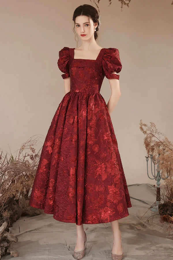 Burgundy Short Sleeve Tea Length Prom Dress Lovely A-Line Evening Party Dress