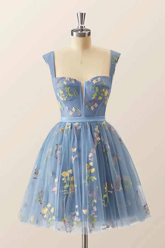 Blue Knee Length Tulle Party Dress Cute Blue Floral Tulle Homecoming Dress