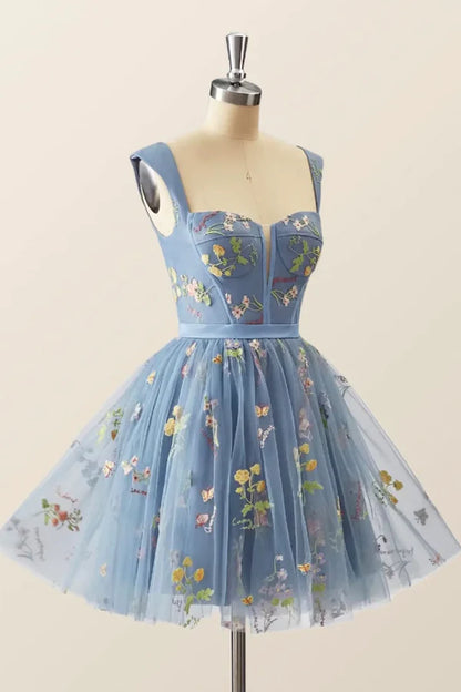 Blue Knee Length Tulle Party Dress Cute Blue Floral Tulle Homecoming Dress