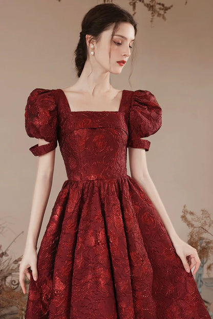 Burgundy Short Sleeve Tea Length Prom Dress Lovely A-Line Evening Party Dress