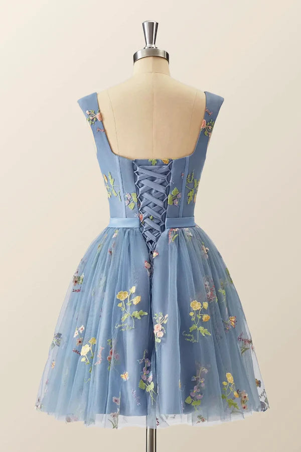 Blue Knee Length Tulle Party Dress Cute Blue Floral Tulle Homecoming Dress