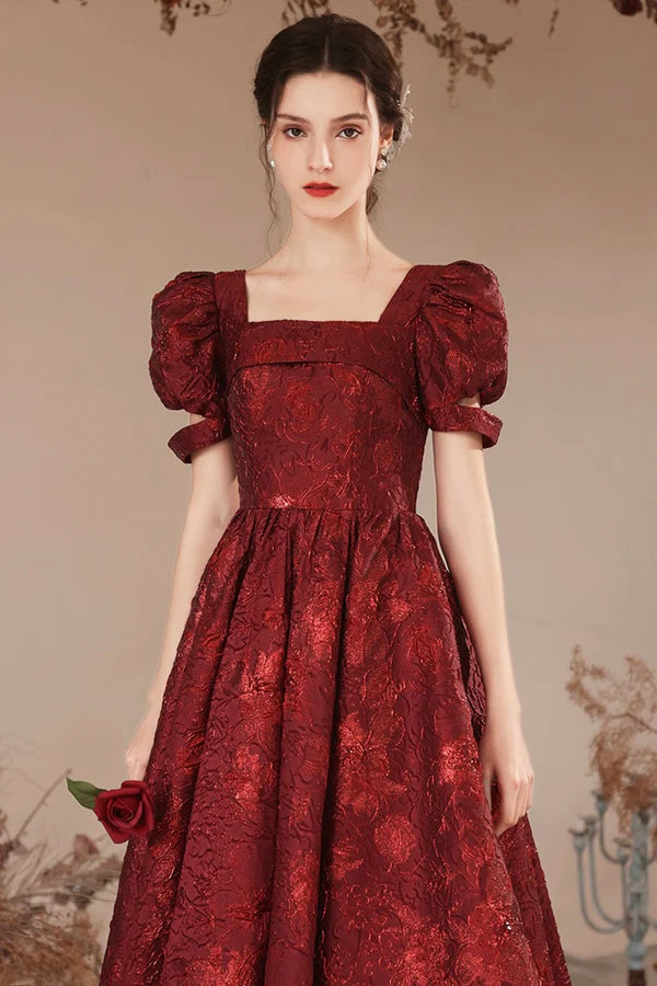 Burgundy Short Sleeve Tea Length Prom Dress Lovely A-Line Evening Party Dress